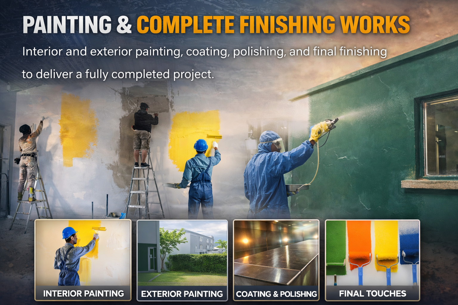 Construction and allied engineering works including structural, electrical, and finishing services