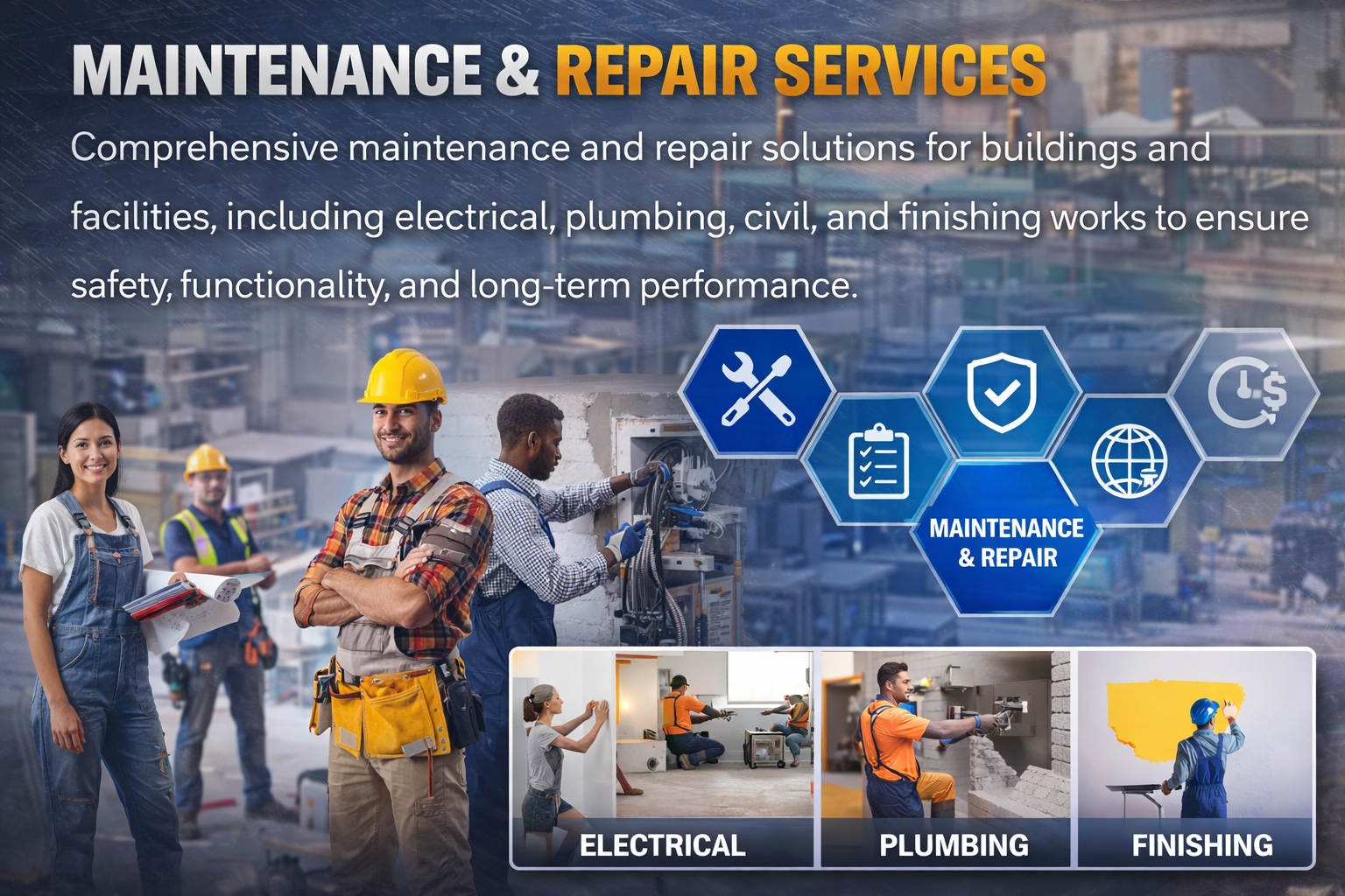 Construction and allied engineering works including structural, electrical, and finishing services