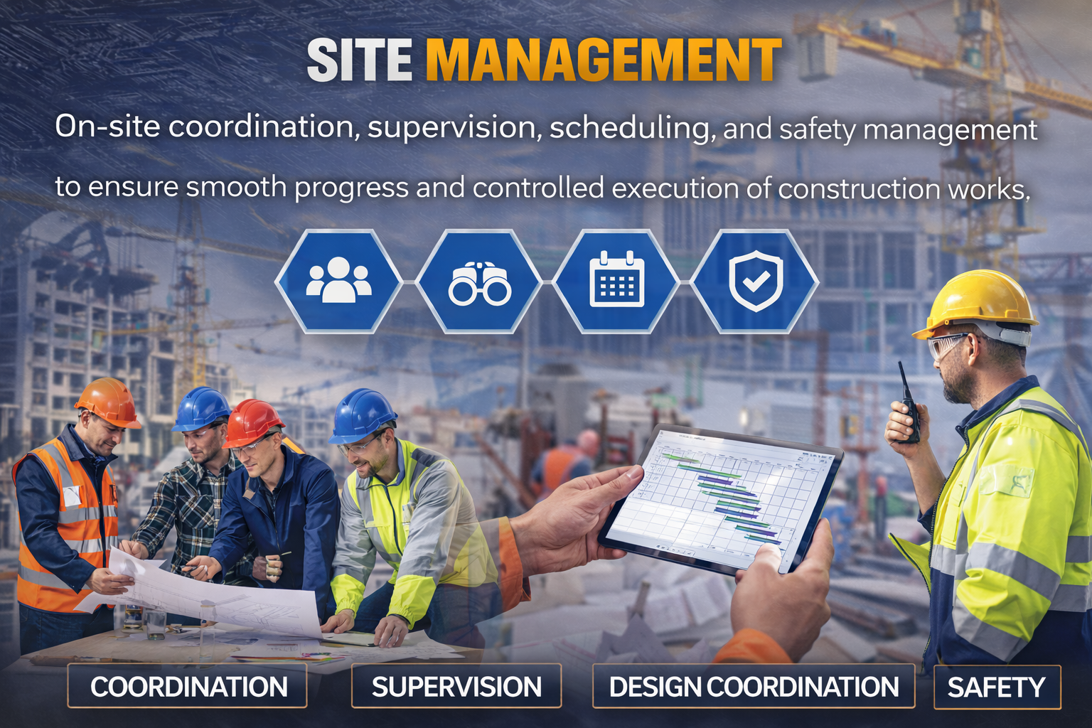 Construction and allied engineering works including structural, electrical, and finishing services