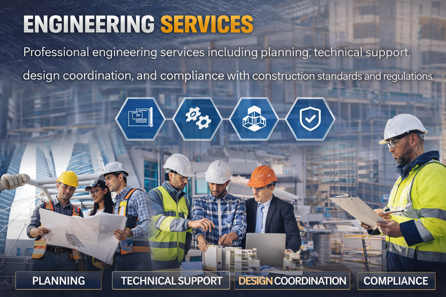 Construction and allied engineering works including structural, electrical, and finishing services