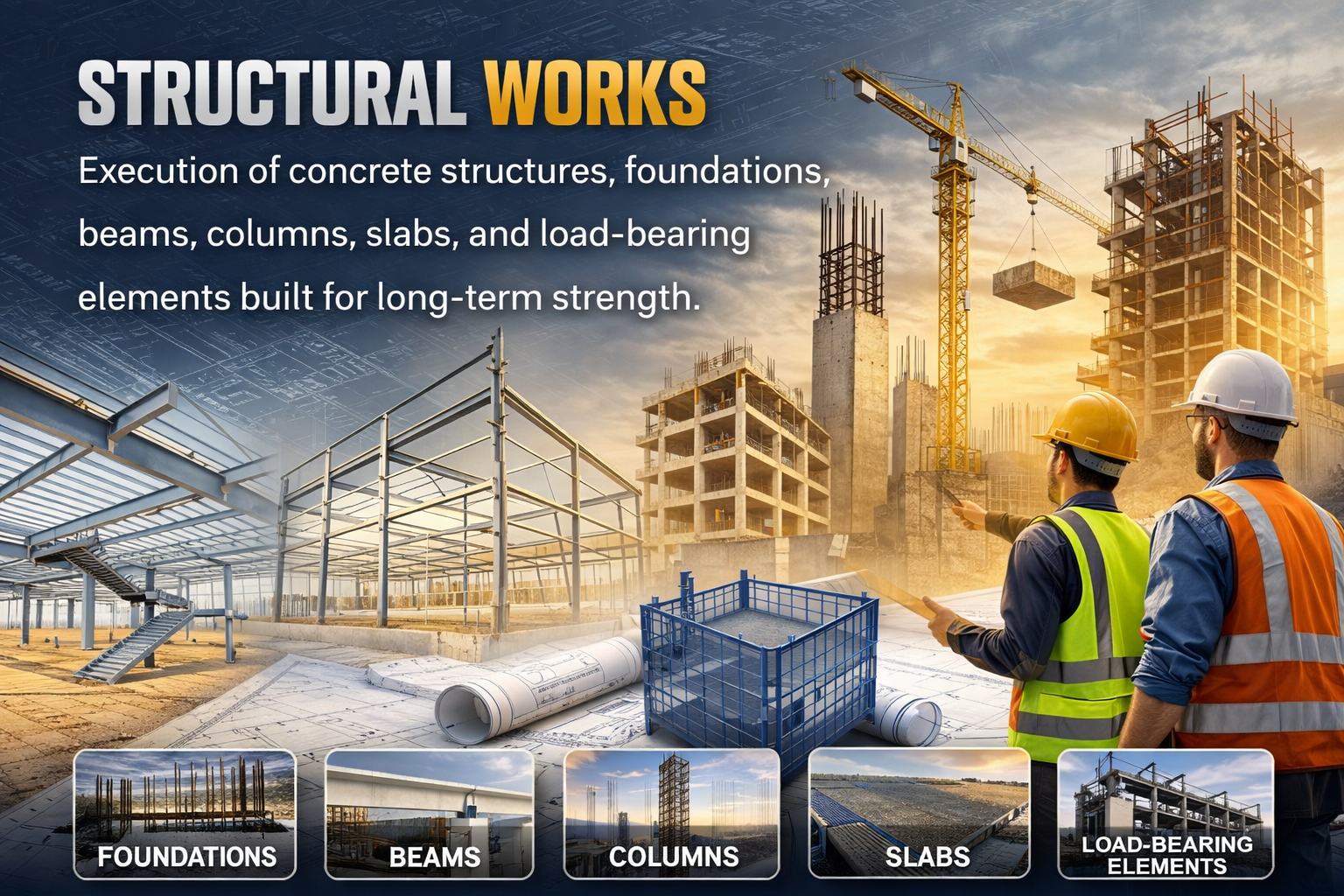Construction and allied engineering works including structural, electrical, and finishing services