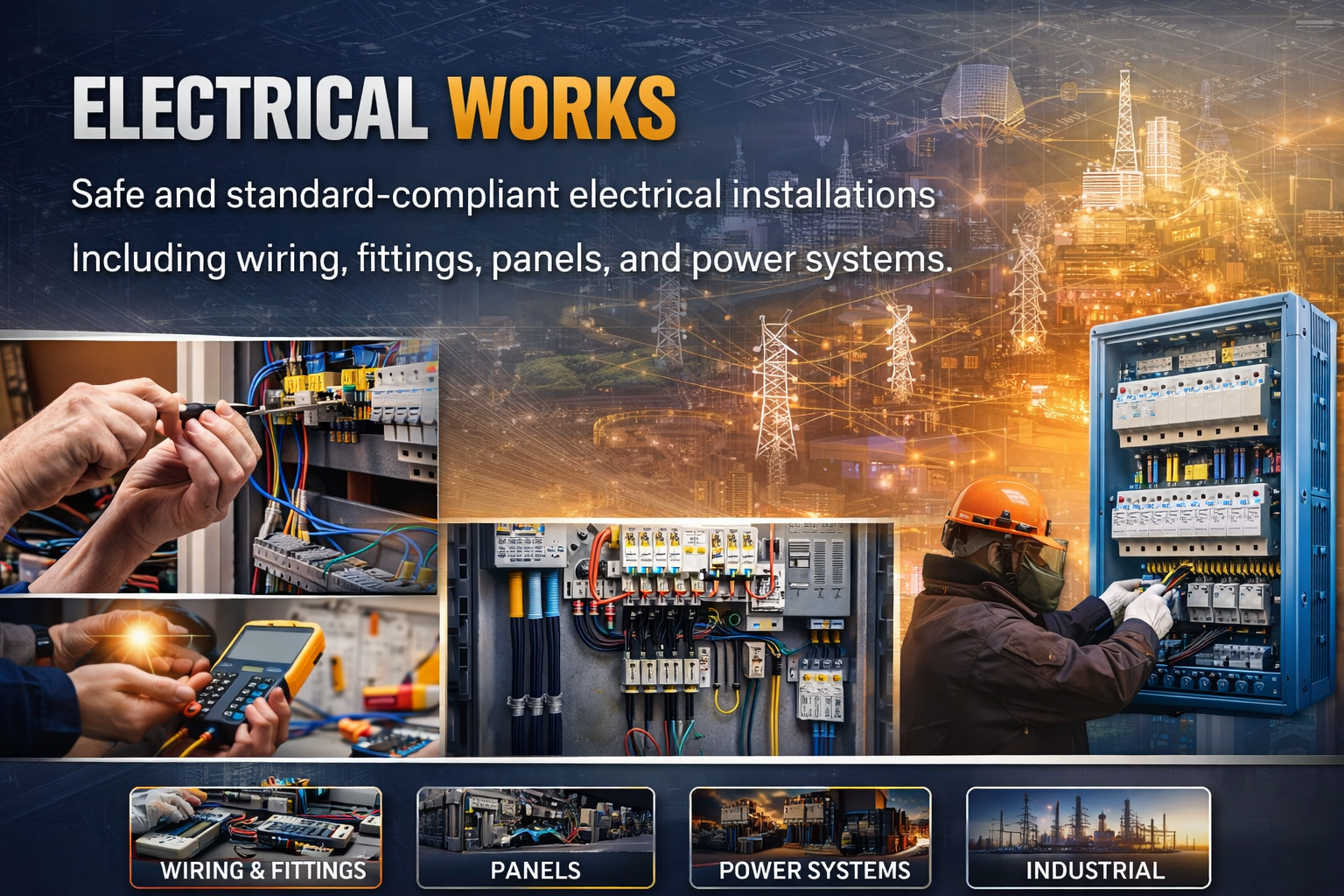 Construction and allied engineering works including structural, electrical, and finishing services