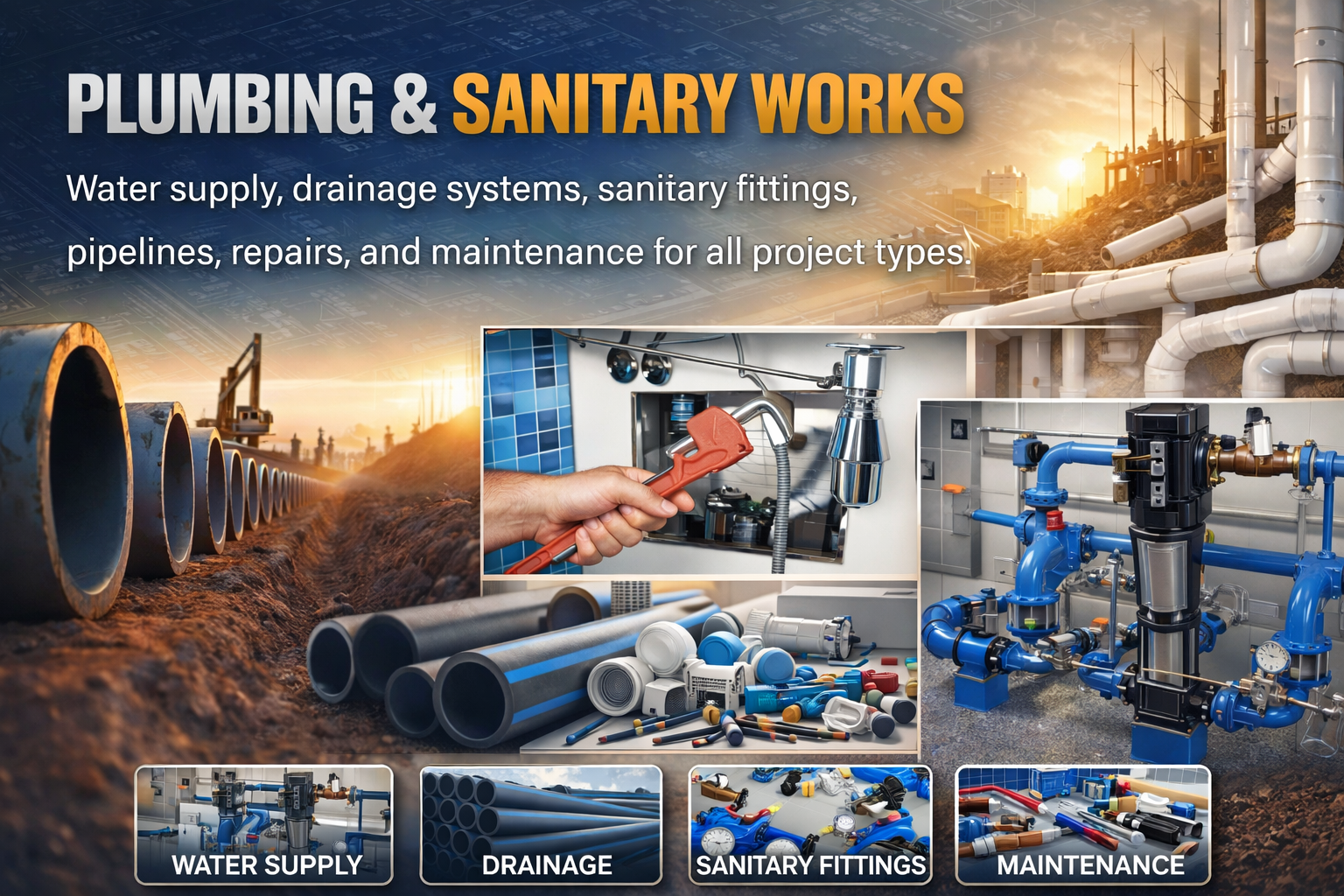 Construction and allied engineering works including structural, electrical, and finishing services