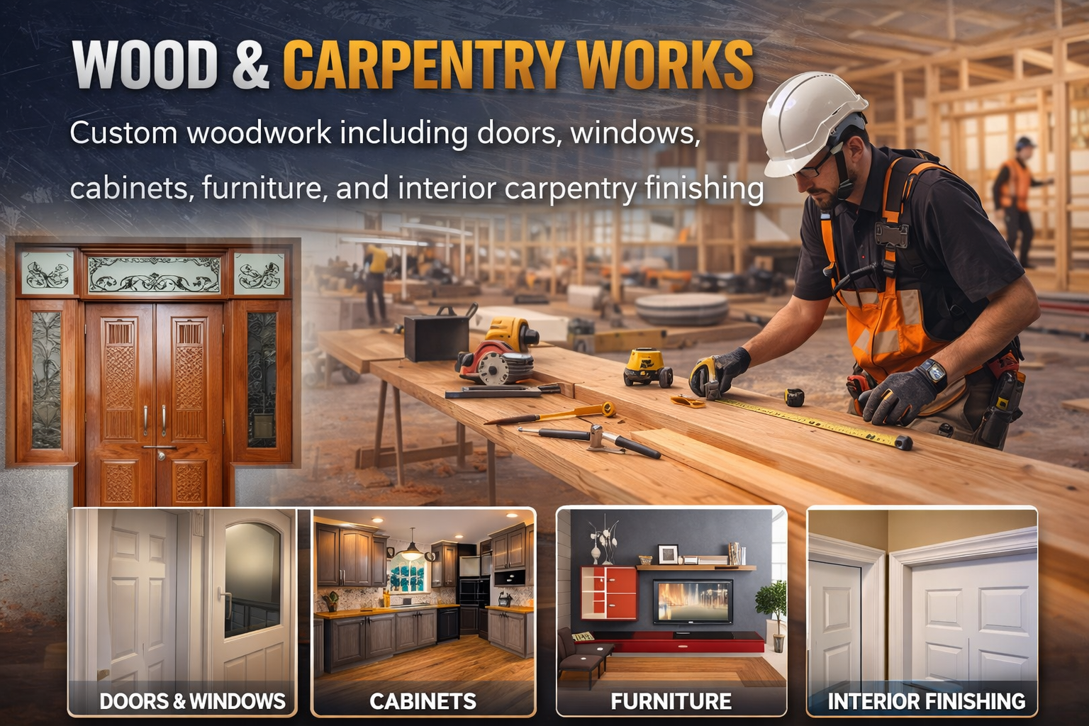 Construction and allied engineering works including structural, electrical, and finishing services