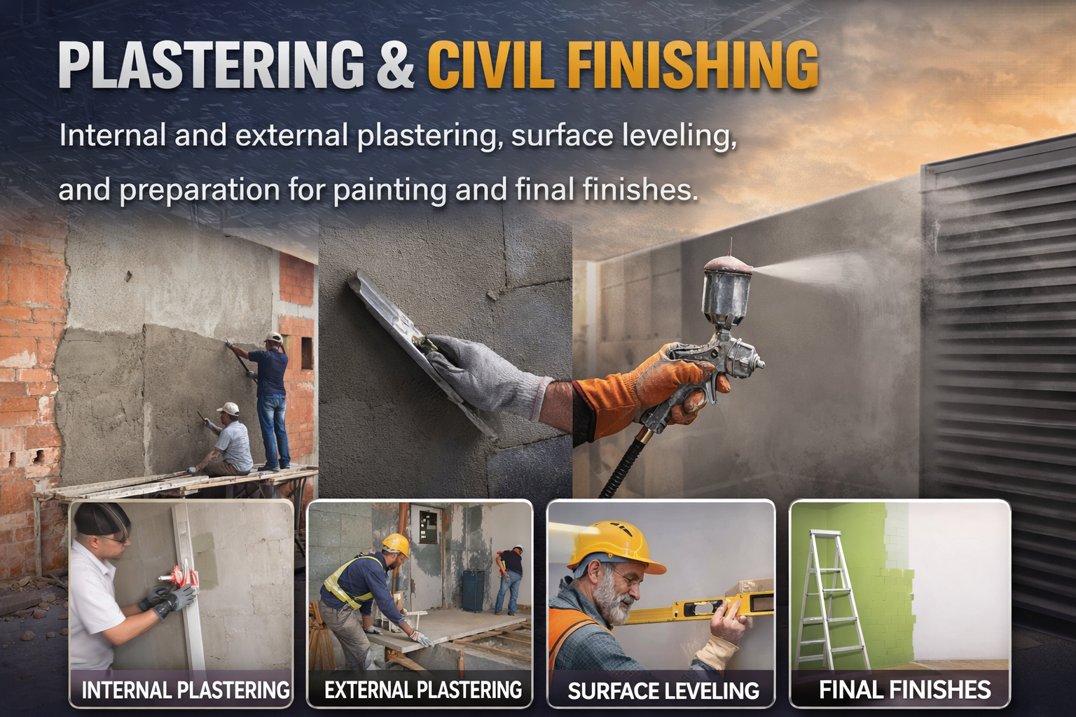 Construction and allied engineering works including structural, electrical, and finishing services