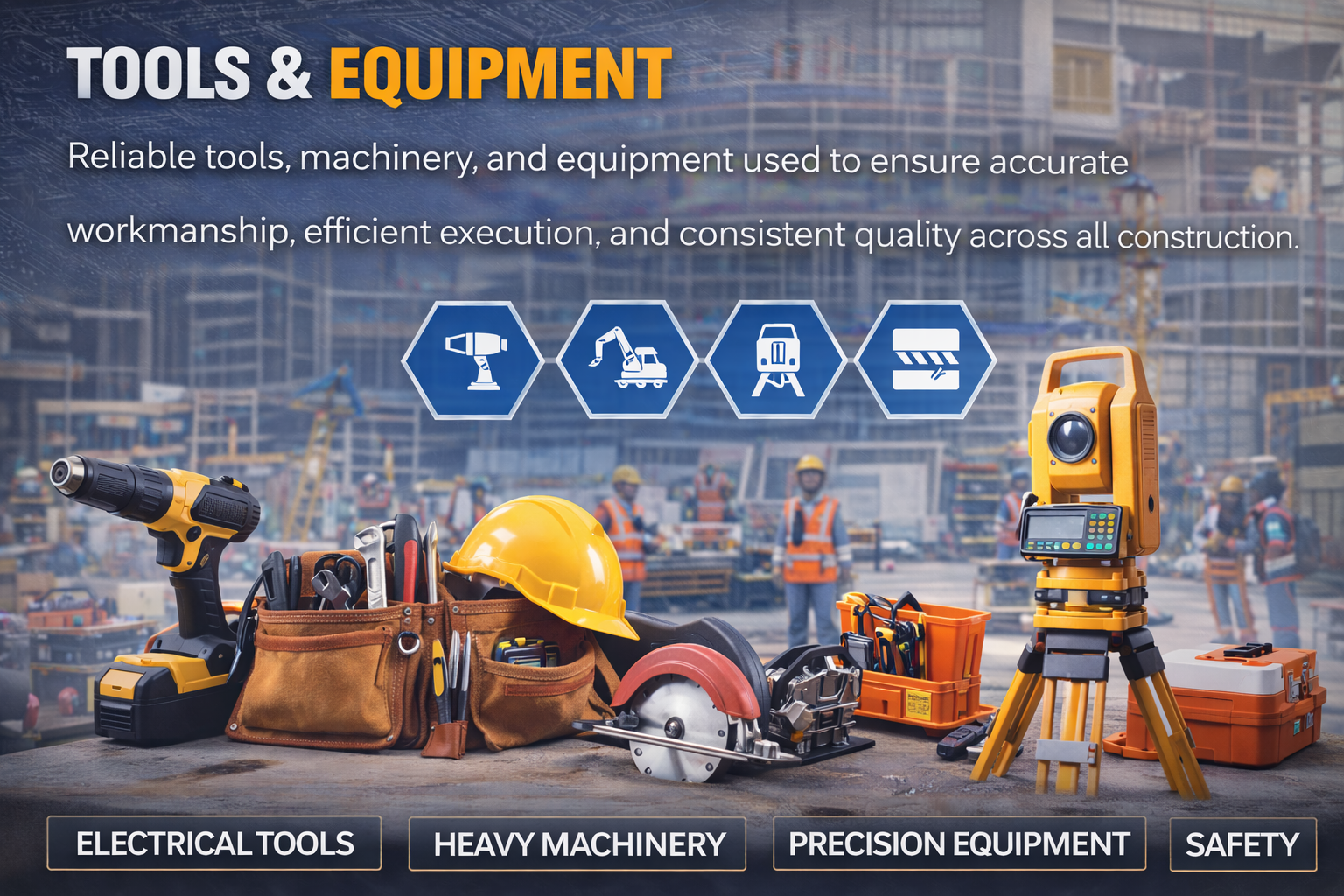 Construction and allied engineering works including structural, electrical, and finishing services