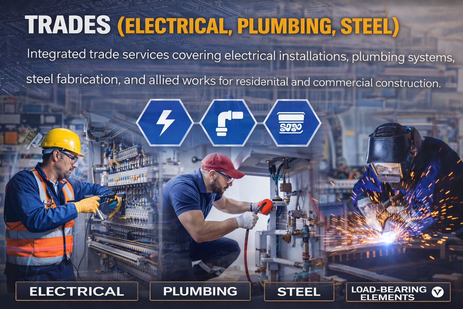 Construction and allied engineering works including structural, electrical, and finishing services